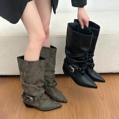 西部风高筒骑士靴女堆堆靴显瘦