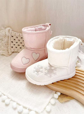 出口新品 冬季女童纯色刺绣雪地靴子加绒加厚后跟蝴蝶结宝宝棉鞋