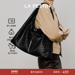 拉菲斯汀织织包2025新款秋冬大容量通勤单肩腋下包黑色编织手提包