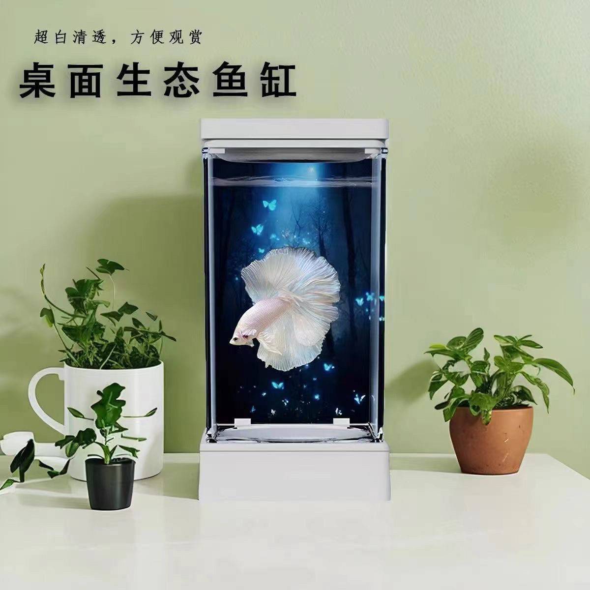 斗鱼缸桌面微景观迷你蟹缸小鱼缸生态自循环办公桌家用创意造景
