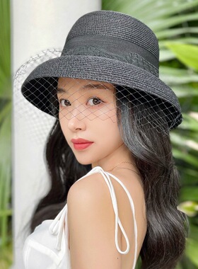 法式优雅网纱黑白色赫本钟型盆帽女夏天遮阳度假沙滩防晒出游草帽