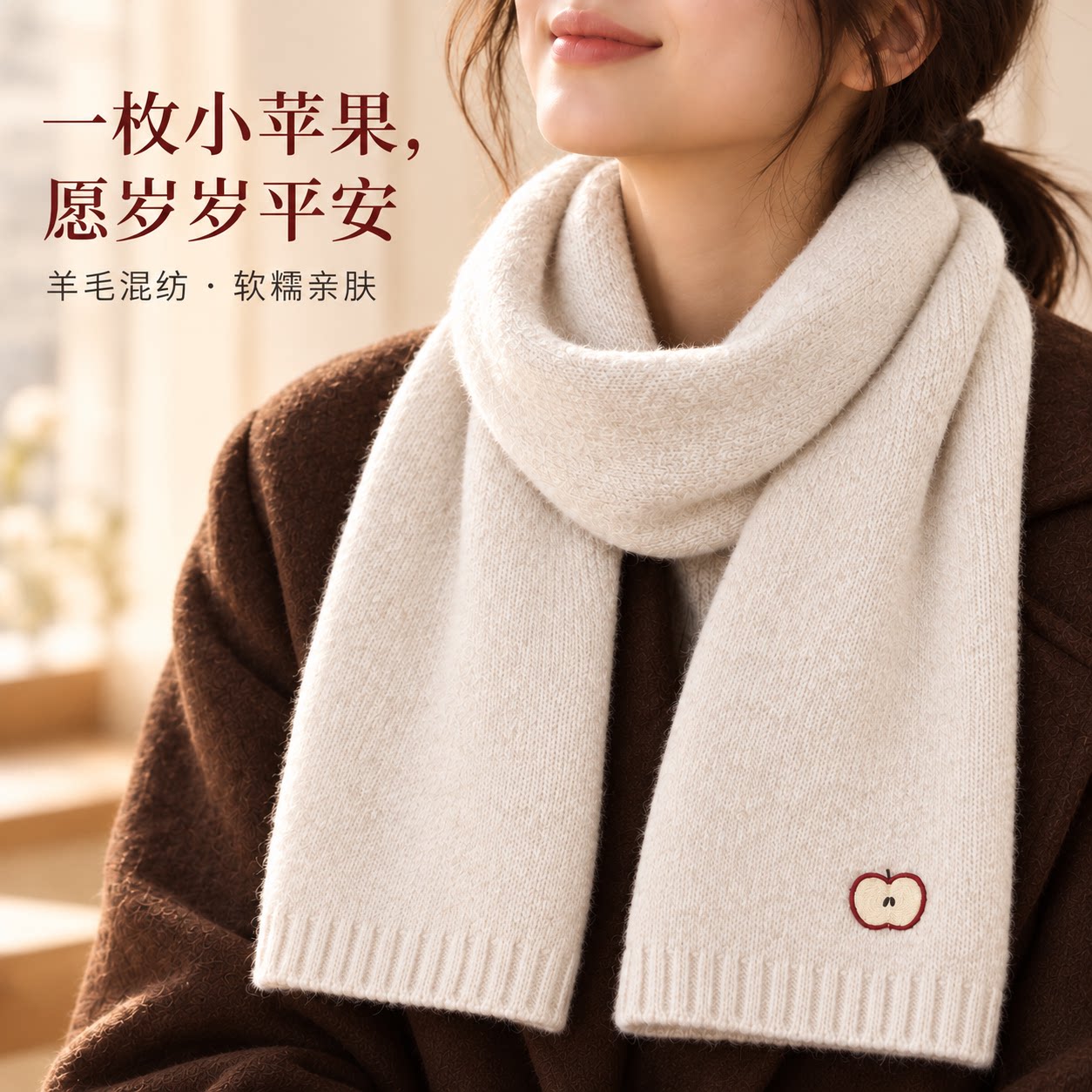 2026新款高级感米色苹果刺绣礼盒装可定制围巾女冬季针织保暖围脖