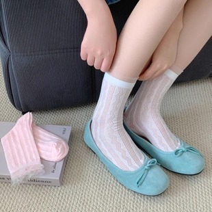 薄款 纯色袜子韩系ins夏季 蕾丝菱形格堆堆袜薄纱袜口女士中筒袜子