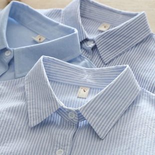 打底工装 长袖 上衣 条纹衬衣女宽松通勤棉衬衫 蓝色韩范文艺清新新款