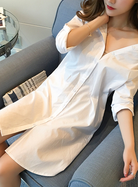 白色衬衫女长袖中长款韩版2025新款BF性感衬衣宽松大码打底睡衣风