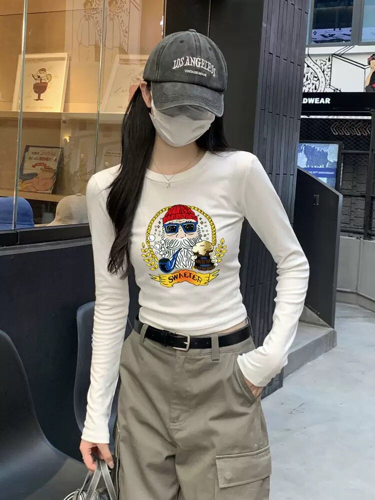 2026新款春季短款打底衫时尚露脐辣妹潮修身网红大胡子长袖t恤女