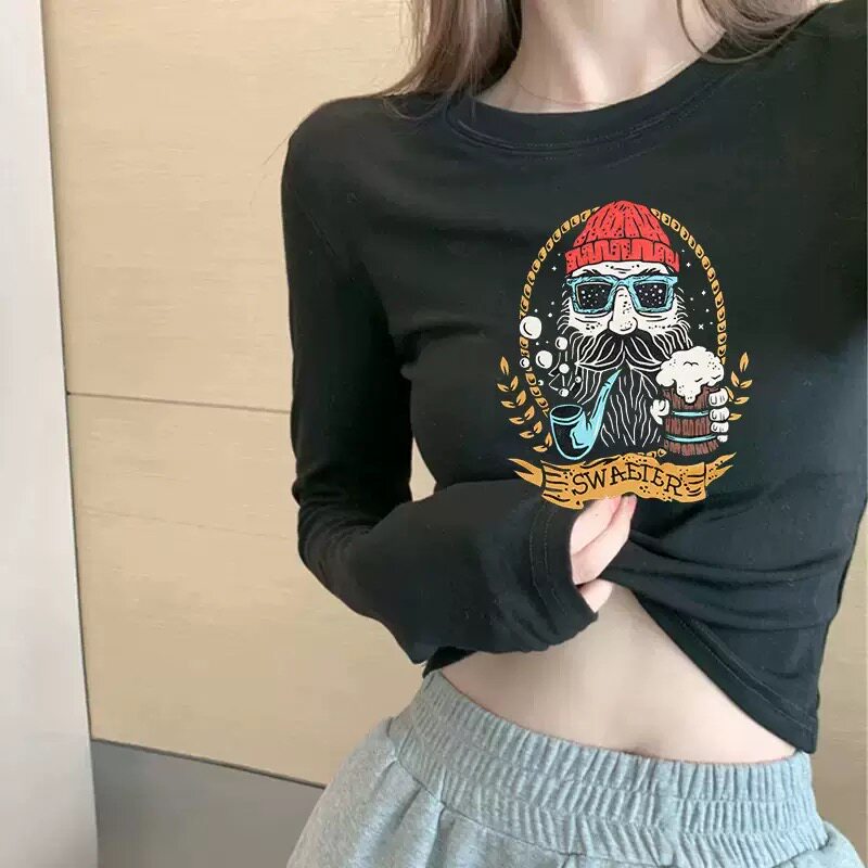 2026春季短款上衣露脐泫雅风辣妹修身胡子大叔网红长袖t恤女性感