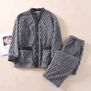 法兰绒睡衣男冬天V领开衫 加厚保暖休闲宽松格子珊瑚绒家居服套装