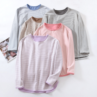 羊毛蚕丝德绒条纹睡衣上装 上衣单件男 女冬圆领套头情侣家居服长袖