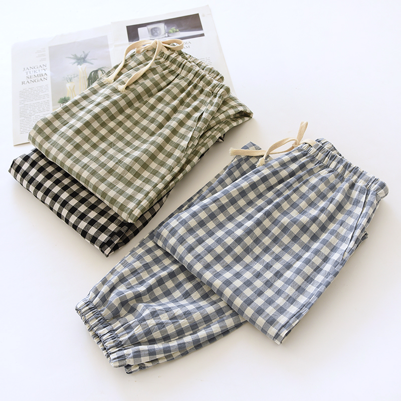 男士水洗棉文艺小格收口家居裤