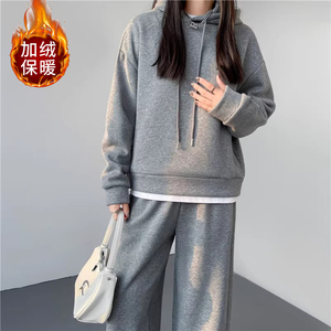 套装~加绒加厚外出哺乳卫衣韩系时尚连帽产后外出喂奶服两件套女
