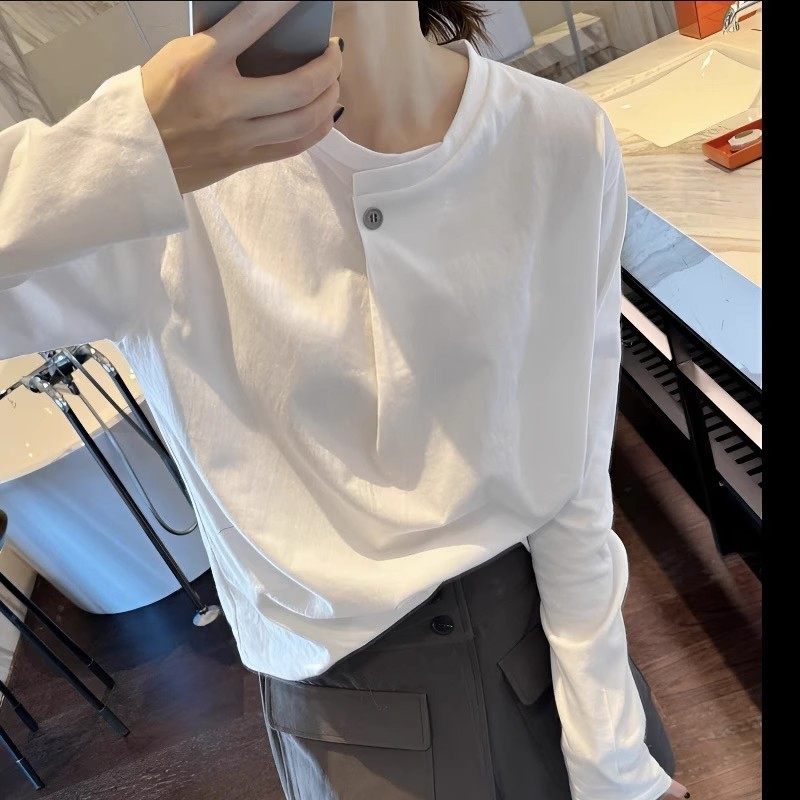 春夏哺乳衣外出喂奶上衣韩版棉质一粒扣白色宽松极简风内搭白T恤