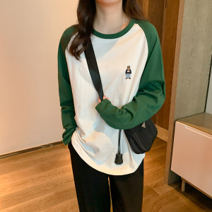 春秋哺乳衣时尚外出辣妈喂奶插肩撞色T恤打底衫百搭宽松长袖上衣