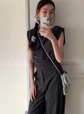 清仓现货女装轻熟褶皱时尚套装荡领短袖＋高腰阔腿裤83699-1-2