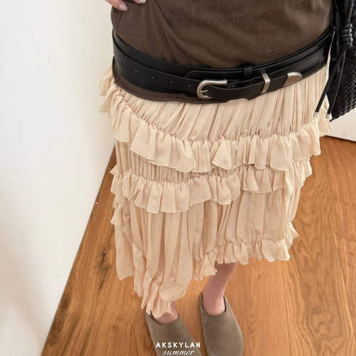 清仓现货重工褶皱木耳边半身裙