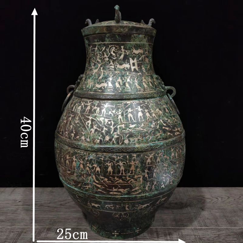 新款仿古青铜器风水摆件纯铜错银铭文壶狩猎纹壶做旧收藏家居礼品