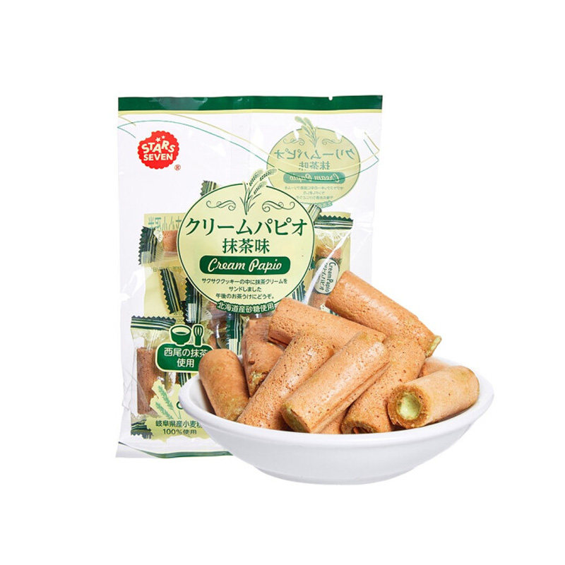 日本进口抹茶零食stars seven星七牌抹茶味夹心蛋卷独立包装袋装
