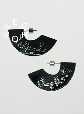 theECHO唤应「竹月 」扇形黑珐琅银 钛钢 小众设计 耳环女 新中式