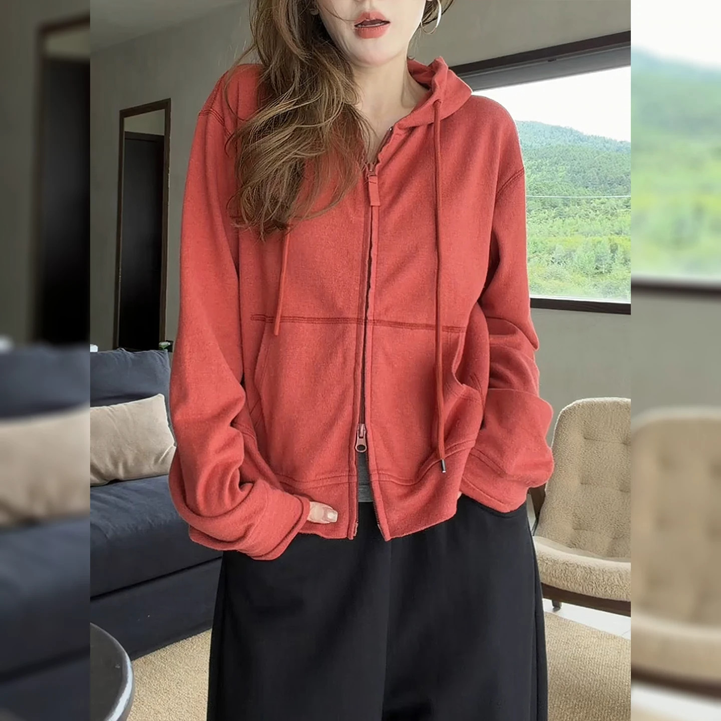 红色双拉链连帽卫衣外套女秋季长袖开衫2026新款美式显瘦宽松上衣