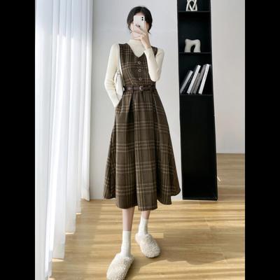 秋冬季法式新款小个子小香风打底加厚格子毛呢背带连衣裙两件套装