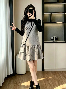 针织衫+背包背心裙三件套女2026秋冬季直筒荷叶边波点毛呢连衣裙