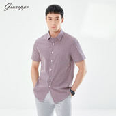 男士 纯棉短袖 衬衫 乔治白夏季 度假休闲撞色格子衬衣有口袋半袖 上衣