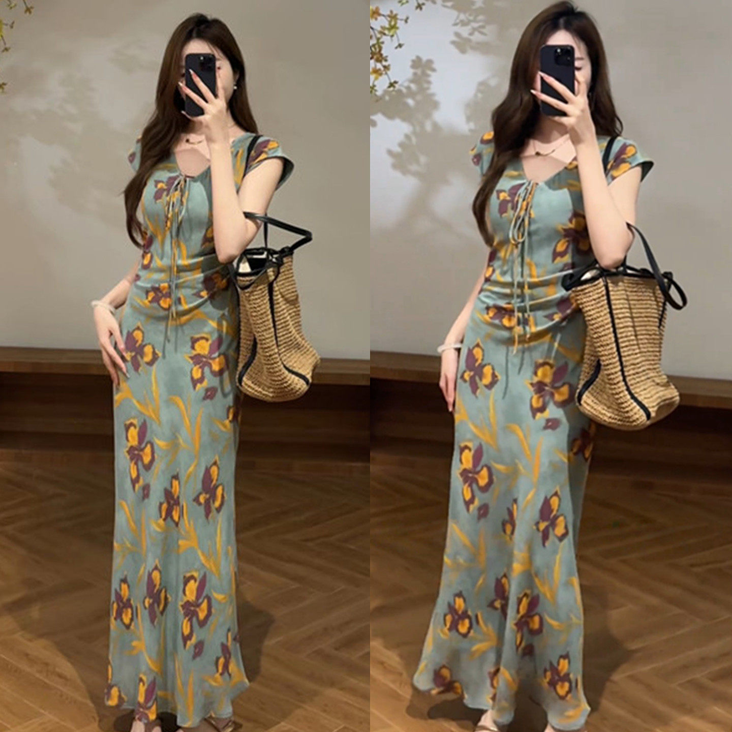 法式复古气质V领印花连衣裙女夏度假风修身收腰独特漂亮包臀长裙