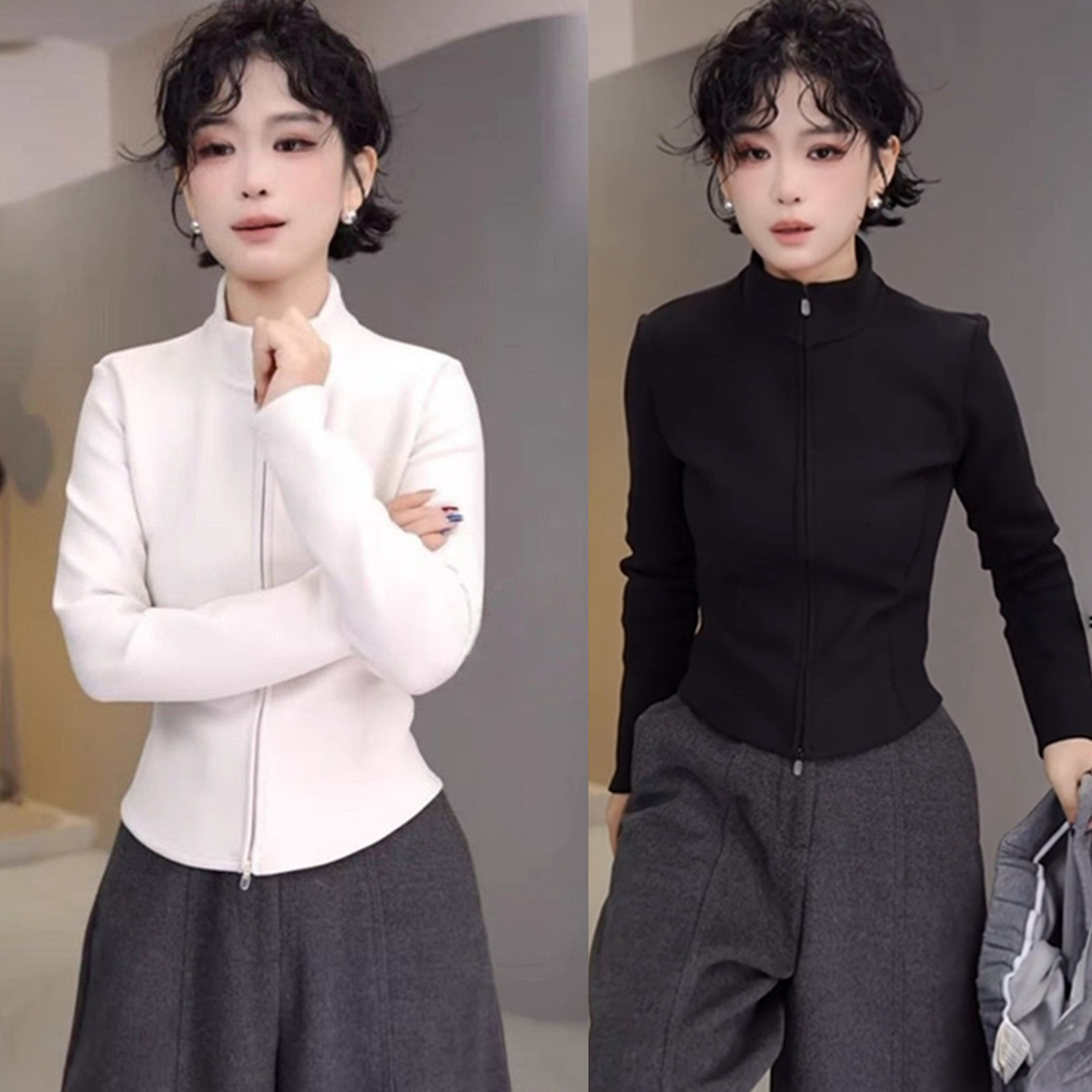 磨毛立领双拉链加厚保暖开衫外套