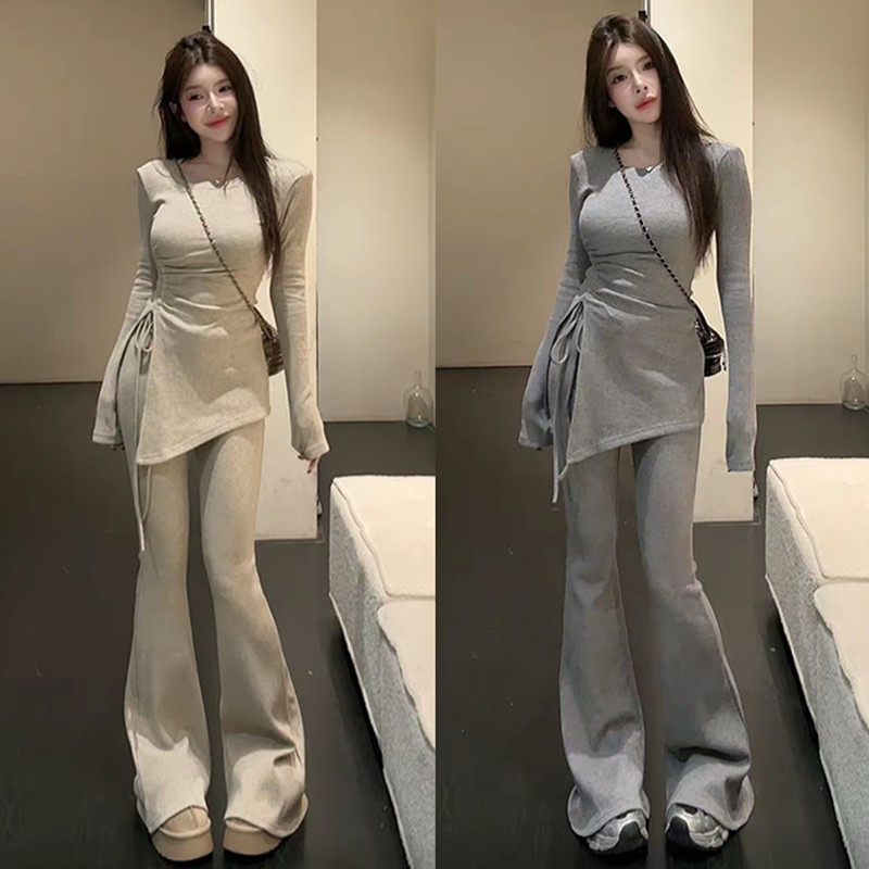 韩系秋冬穿搭一整套女纯欲抽绳收腰显瘦开叉T恤微喇阔腿裤两件套,女装/女士精品,时尚套装,淘宝优惠券,粉丝福利购,淘宝优惠卷