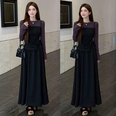 蝴蝶结撞色假两件上衣加绒半身裙