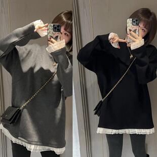 高品质蕾丝花边拼接加绒卫衣女冬季宽松休闲中长款遮PP打底衫上衣