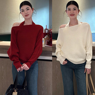 温柔风纯欲一字肩挂脖毛衣女秋冬宽松百搭厚款两件套针织衫上衣潮