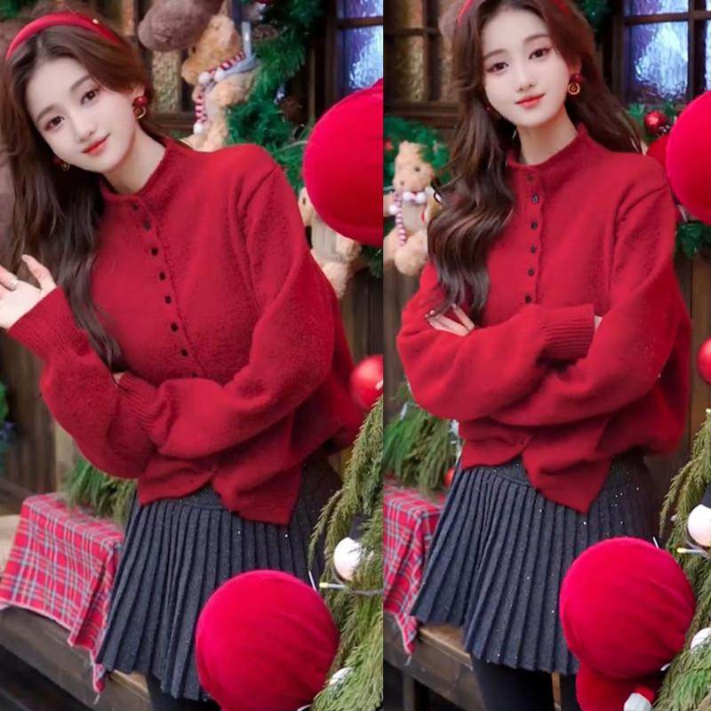 圣诞新年一整套穿搭女立领单排扣针织毛衣亮钻A字半身裙两件套冬,女装/女士精品,时尚套装,淘宝优惠券,粉丝福利购,淘宝优惠卷