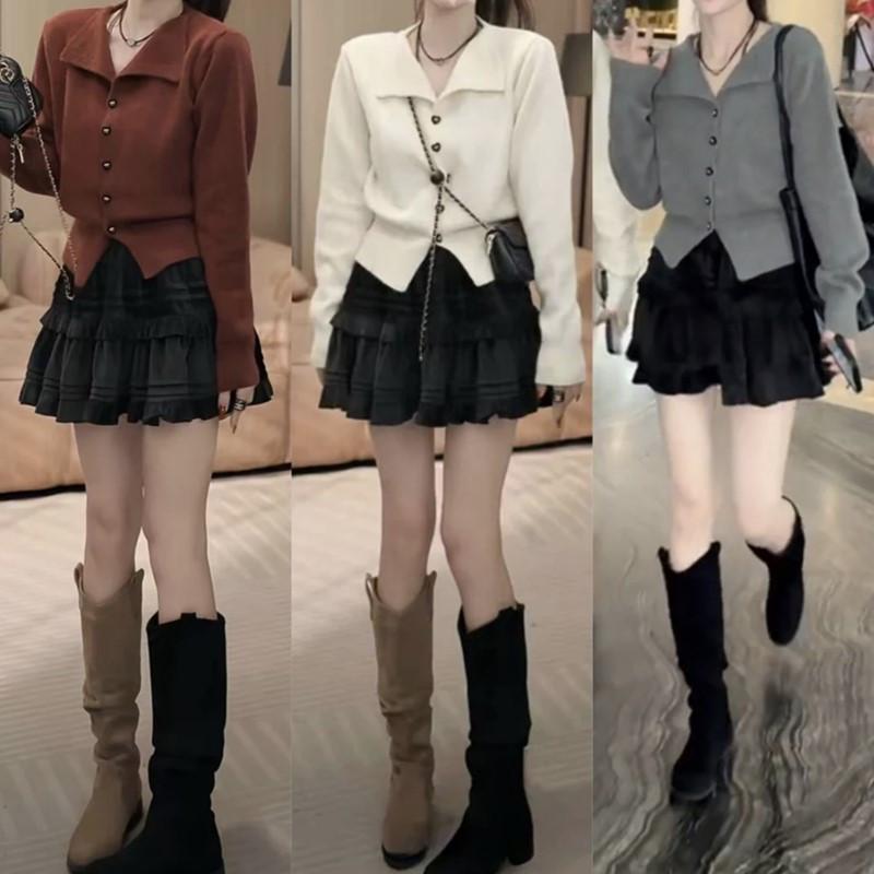 法式小香风翻领单排扣针织开衫