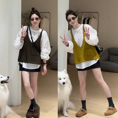 长袖衬衫+叠穿毛衣背心马甲套装