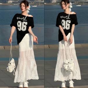 辣妹时尚穿搭一整套女刺绣数字蕾丝露肩百搭T恤鱼尾半身裙两件套