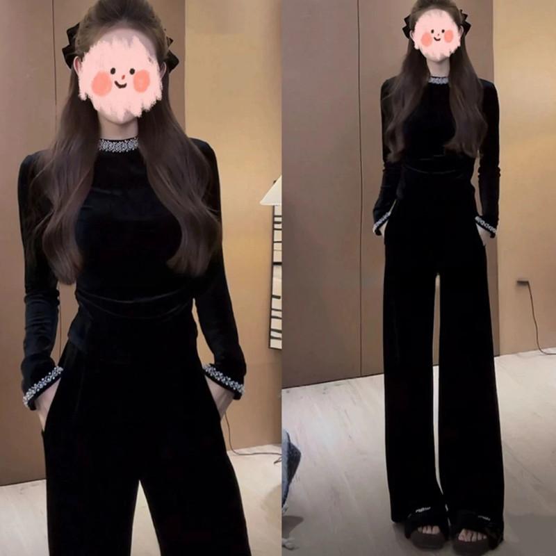 珠珠拼接花边丝绒上衣加绒阔腿裤