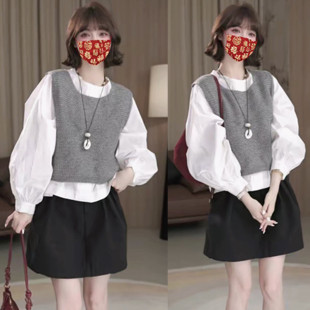 叠穿针织背心马甲两件套潮 衬衫 早秋穿搭一整套女韩系时尚 圆领长袖