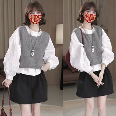 长袖衬衫叠穿针织背心马甲两件套