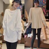 弧边长袖 T恤女冬季 慵懒风宽松绒面中长款 设计感风琴袖 打底衫 上衣