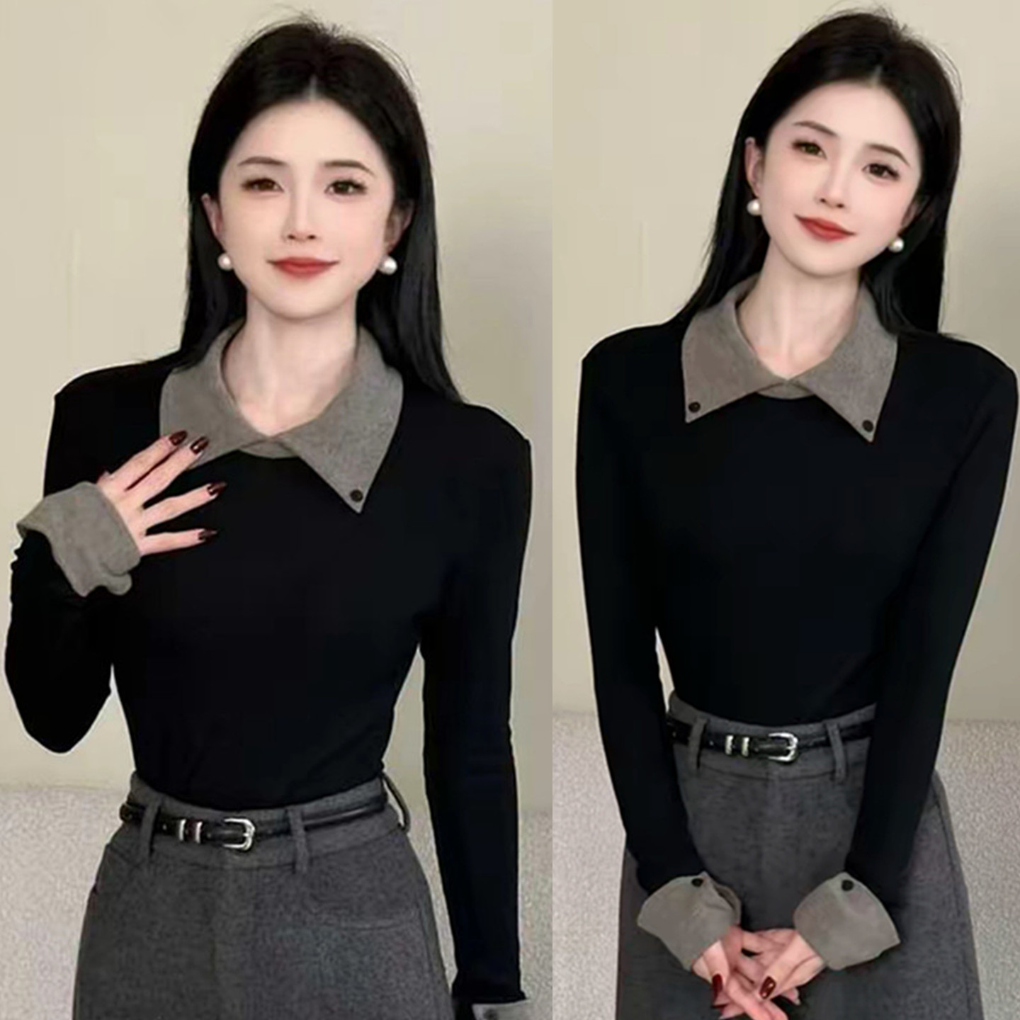 设计感翻领拼接加绒加厚长袖T恤