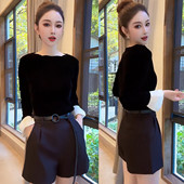 高级感花苞袖 潮 小衫 拼接丝绒T恤女早秋新款 韩系百搭遮肉绝美长袖