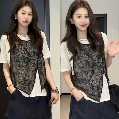 设计感蕾丝网纱假两件叠穿上衣女