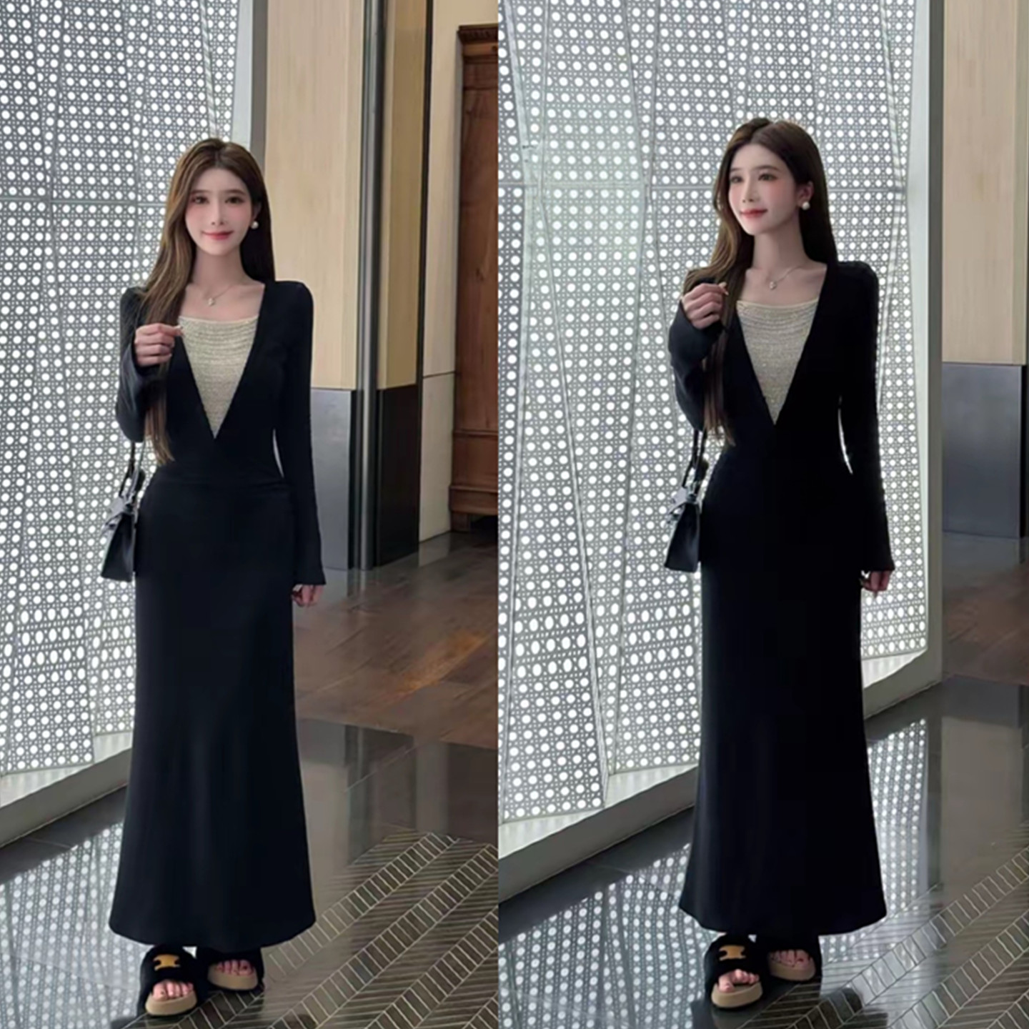 设计感重工珠链拼接打褶连衣裙