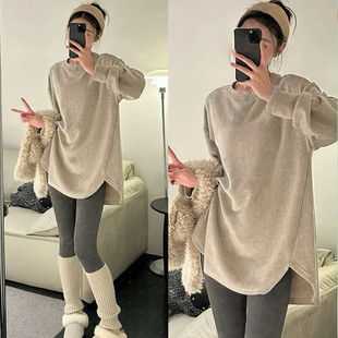 内搭上衣潮 T恤女秋冬宽松遮屁股打底衫 巨好看中长款 双面磨毛长袖