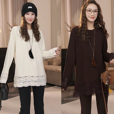 下摆镂空蕾丝拼接中长款加绒T恤
