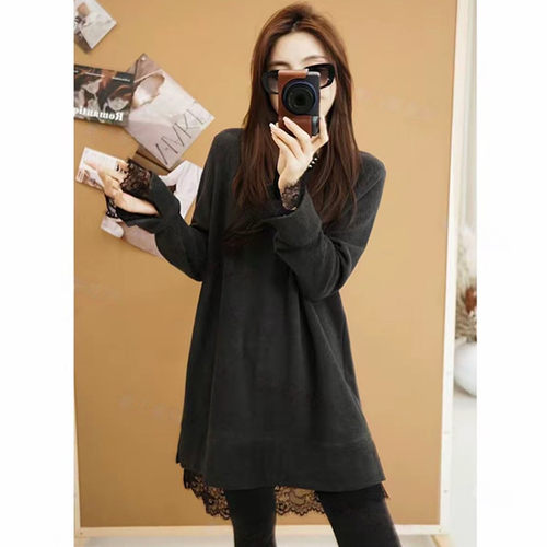 手袖开叉下摆睫毛蕾丝拼接上衣