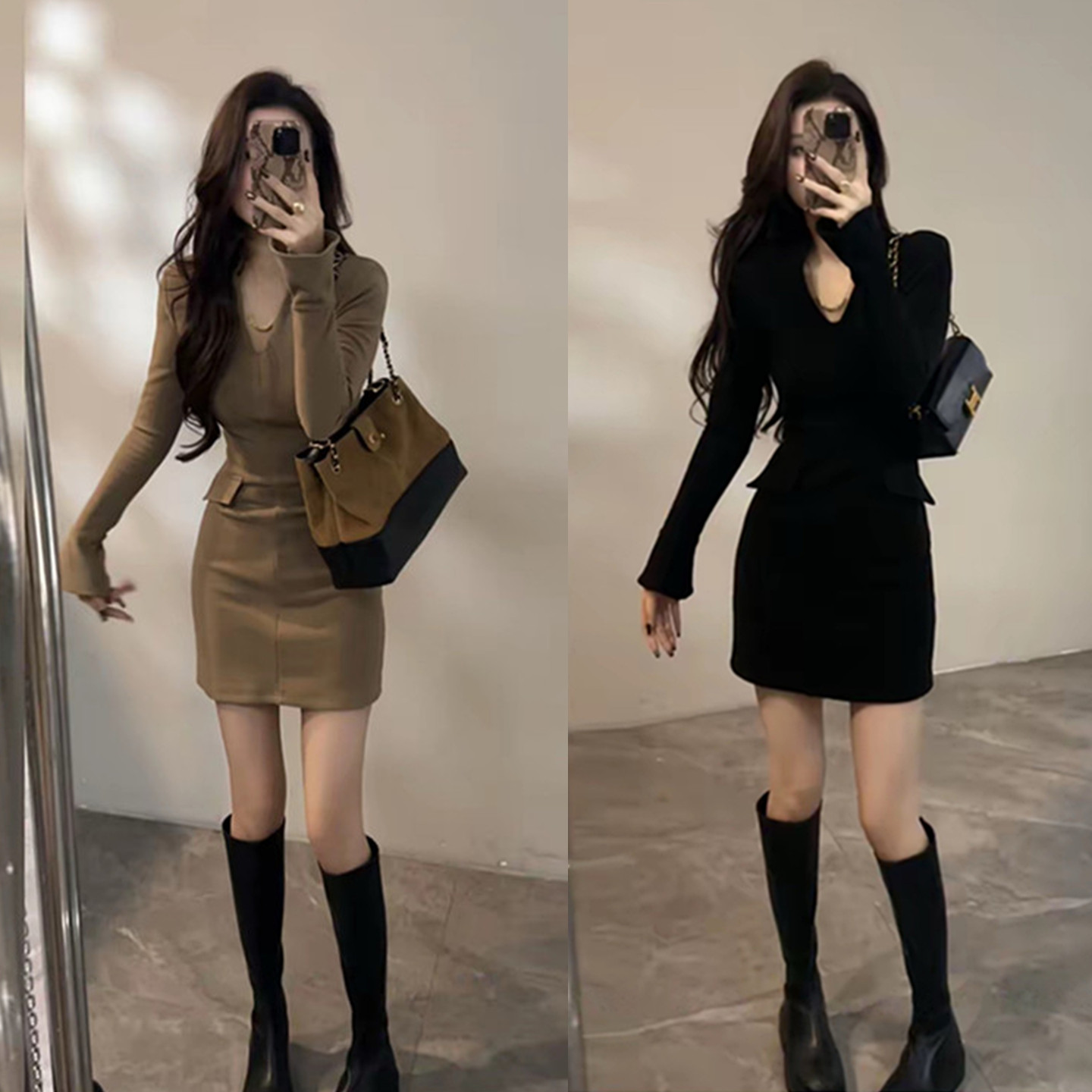 御姐风时髦假口袋加绒V领连衣裙