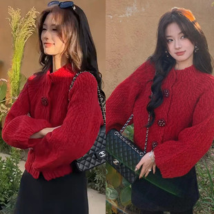 韩系灯笼袖单排扣红色短款毛衣女冬圣诞穿搭宽松显瘦针织开衫外套