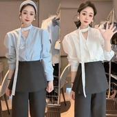 百褶裙两件套 高腰西装 开春穿搭一整套女V领纯色蕾丝飘带长袖 衬衫